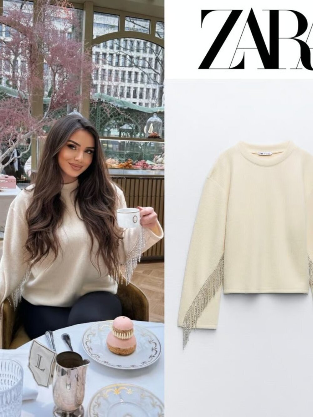 Zara Rhinestone Soft Knit Round Neck Sweater Ecru White  Size Medium NWT
